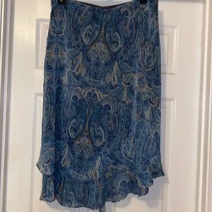 Emma James blue paisley, asymmetrical, ruffle hem skirt, women’s size 14